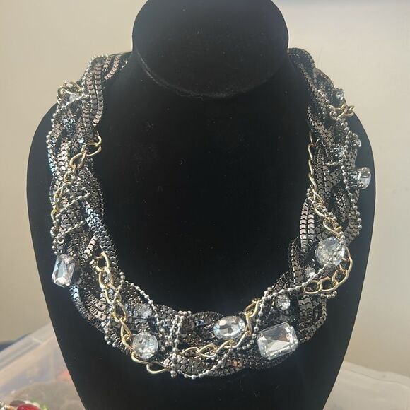 Vintage 1980's Punk Style Chains and Rhinestone Statement Necklace - Picture 3 of 5